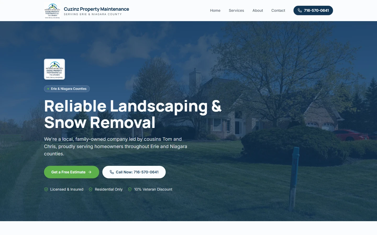 Cuzinz Property Maintenance desktop website hero and estimate funnel